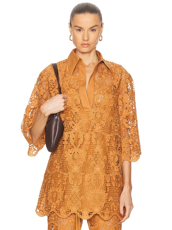Tシャツ・カットソー ZIMMERMANN Women Tunic Tops 4483TSS254 BISCU BROWN Zimmermann Coco Lace Tunic Top in Biscuit | FWRD