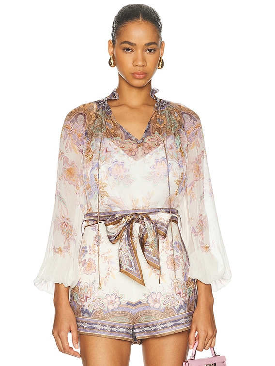 Zimmermann Luna Billow Blouse in Cream Blue Paisley | FWRD
