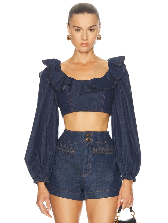 Zimmermann Aster Denim Frill Top in Ink | FWRD