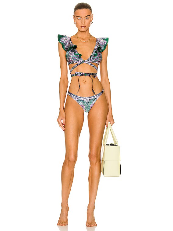 Zimmermann Wrap Ruffle Bikini Set in Teal Paisley | FWRD