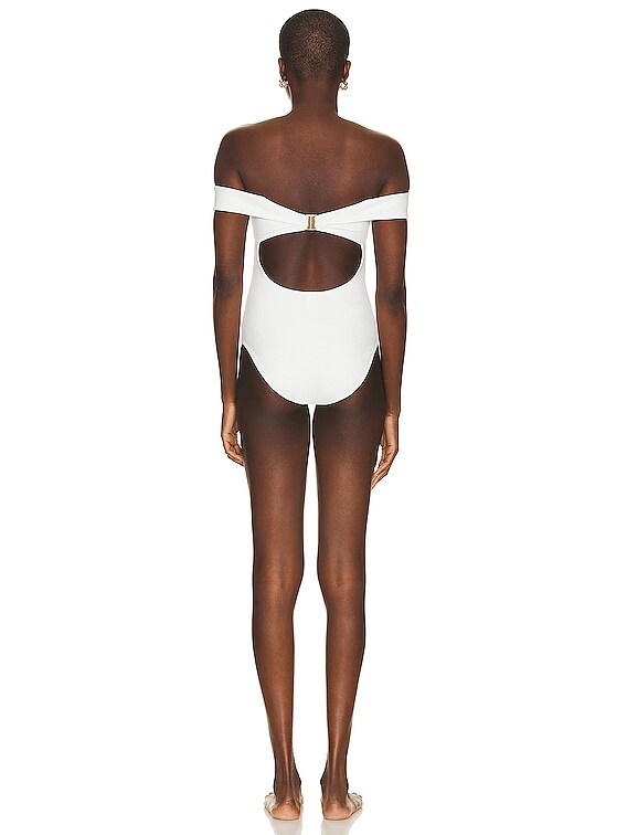 Zimmermann Lexi Off Shoulder One Piece Swimsuit in Ivory | FWRD
