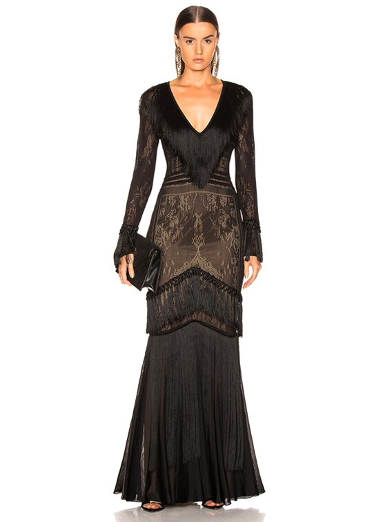 Zuhair Murad Fringed Knit Gown in Black | FWRD