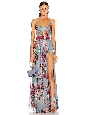 Peony Print Bustier Maxi Dress With Belt