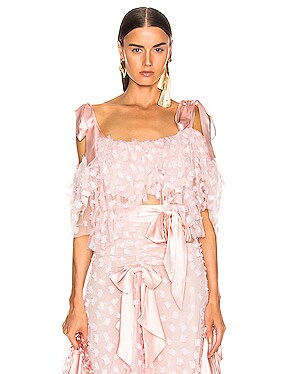 Embroidered Bow Tiered Off the Shoulder Blouse