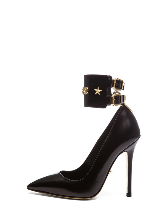 VERSACE Leather Ankle Strap Pointy Toe Pump in Black & Gold | FWRD