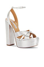 Aquazzura Sundance Plateau 140 Sandal in Laminated Silver, view 2, click to view large image.