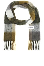 Acne Studios Mohair Checked Scarf in Taupe, Green, & Black, view 1, click to view large image.