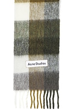 Acne Studios Mohair Checked Scarf in Taupe, Green, & Black, view 3, click to view large image.