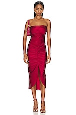 ADRIANA DEGREAS Solid Heart Frilled Long Dress in Red, view 1, click to view large image.