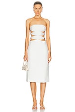 ADRIANA DEGREAS Vintage Orchid Solid Strapless Cutout Midi Dress in Off White, view 1, click to view large image.