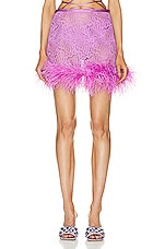 ADRIANA DEGREAS Guipure Lace Feathered Mini Skirt in Violet, view 1, click to view large image.
