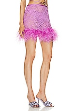 ADRIANA DEGREAS Guipure Lace Feathered Mini Skirt in Violet, view 2, click to view large image.