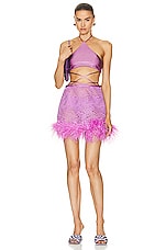 ADRIANA DEGREAS Guipure Lace Feathered Mini Skirt in Violet, view 4, click to view large image.