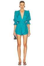 ADRIANA DEGREAS Vintage Orchid Solid Playsuit in Turquoise, view 1, click to view large image.