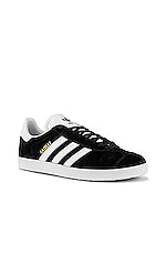 adidas Originals Gazelle Foundation Sneaker in Black & White & Gold Metallic, view 2, click to view large image.