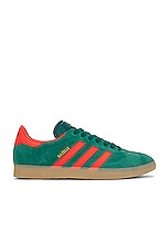 adidas Originals Gazelle Sneaker in Collegiate Green, Preloved Red, & Gum, view 1, click to view large image.