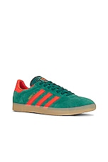 adidas Originals Gazelle Sneaker in Collegiate Green, Preloved Red, & Gum, view 2, click to view large image.