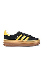 adidas Originals Gazelle Bold Platform in Core Black, Bold Gold, & White, view 1, click to view large image.