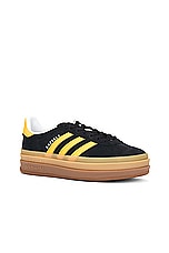 adidas Originals Gazelle Bold Platform in Core Black, Bold Gold, & White, view 2, click to view large image.