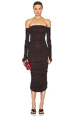 The Andamane Linda Midi Off Shoulder Dress in Dark Brown, view 1, click to view large image.