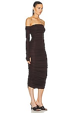 The Andamane Linda Midi Off Shoulder Dress in Dark Brown, view 2, click to view large image.