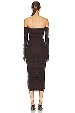The Andamane Linda Midi Off Shoulder Dress in Dark Brown, view 3, click to view large image.