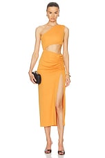The Andamane Riri One Shoulder Cut Out Midi Dress in Amber, view 1, click to view large image.