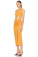 The Andamane Riri One Shoulder Cut Out Midi Dress in Amber, view 3, click to view large image.