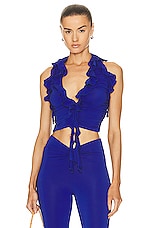 The Andamane Mimi Ruffle Deep V Neck Top in Pervinca, view 1, click to view large image.