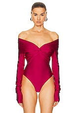 The Andamane Kendall Off Shoulder Bodysuit in Fuchsia, view 2, click to view large image.