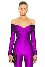 The Andamane Kendall Off Shoulder Bodysuit in Purple, view 1, click to view large image.