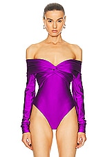 The Andamane Kendall Off Shoulder Bodysuit in Purple, view 2, click to view large image.
