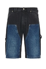 Aries Colourblocked Denim Carpenter Short in Black & Blue, view 1, click to view large image.