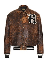 Aries Distressed Leather Letterman Jacket in Brown, view 1, click to view large image.