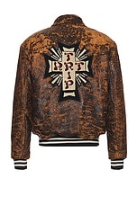 Aries Distressed Leather Letterman Jacket in Brown, view 2, click to view large image.