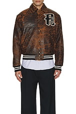 Aries Distressed Leather Letterman Jacket in Brown, view 4, click to view large image.