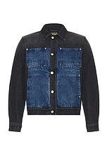 Aries Colourblocked Denim Work Jacket in Black & Blue, view 1, click to view large image.