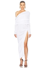 ALAÏA Off Shoulder Asymmetric Dress in Blanc Optique, view 1, click to view large image.