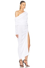 ALAÏA Off Shoulder Asymmetric Dress in Blanc Optique, view 2, click to view large image.