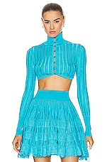 ALAÏA Crinoline Cardigan Top in Turquoise, view 1, click to view large image.