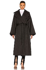ALAÏA Oversized Long Belted Coat in Gris Fonce, view 2, click to view large image.