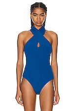 ALAÏA Halter Bodysuit Top in Bleu Ceruleen, view 2, click to view large image.
