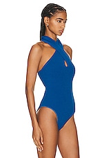 ALAÏA Halter Bodysuit Top in Bleu Ceruleen, view 3, click to view large image.
