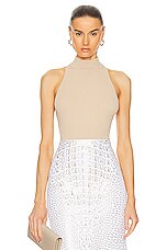 ALAÏA Halter Bodysuit in Camel Clair, view 1, click to view large image.