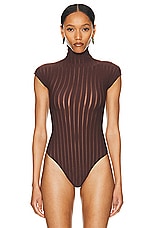 ALAÏA Striped T-shirt Bodysuit in Chocolat, view 2, click to view large image.