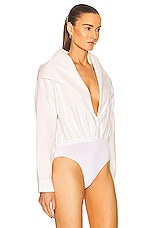 ALAÏA Denim Bodysuit in Blanc, view 3, click to view large image.