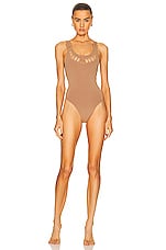 ALAÏA Laser One Piece Swimsuit in Camel Fonce, view 1, click to view large image.