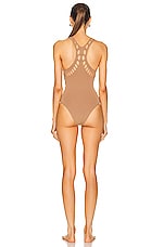 ALAÏA Laser One Piece Swimsuit in Camel Fonce, view 3, click to view large image.