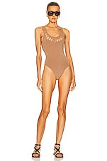 ALAÏA Laser One Piece Swimsuit in Camel Fonce, view 4, click to view large image.