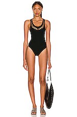 ALAÏA Seamless Perforated One Piece Swimsuit in Vert Fonce, view 1, click to view large image.
